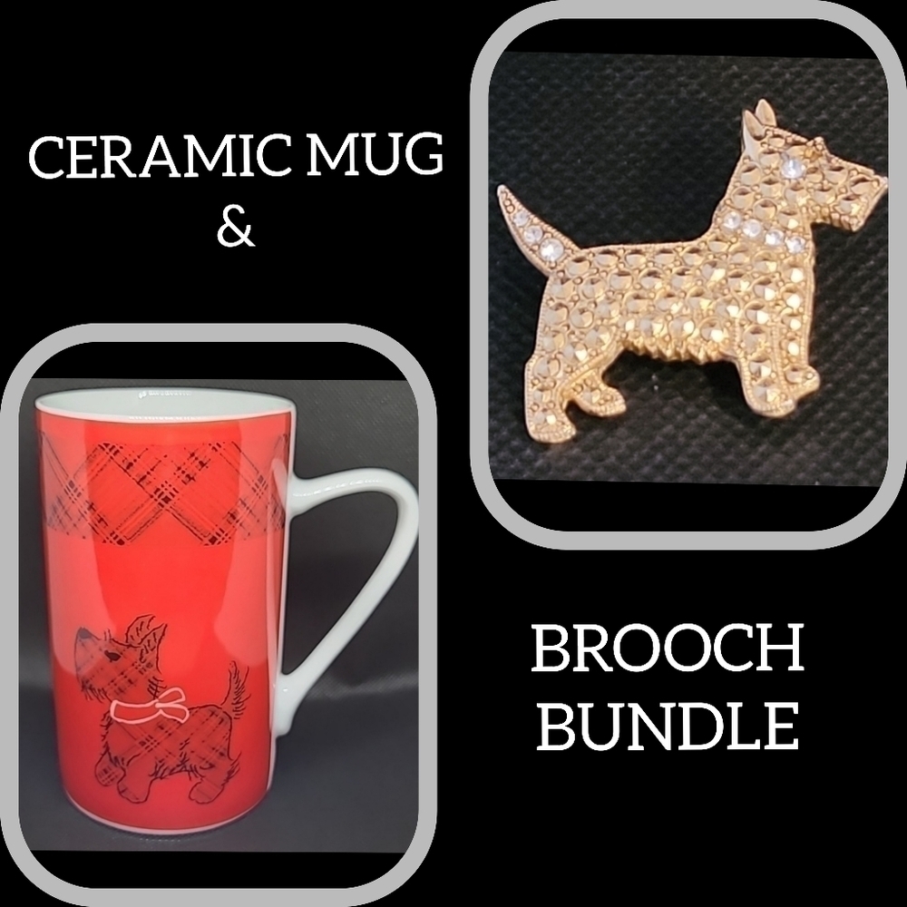 CERAMIC MUG AND GOLD TONE BROOCH BUNDLE, Scottish or West Highland Terrier
